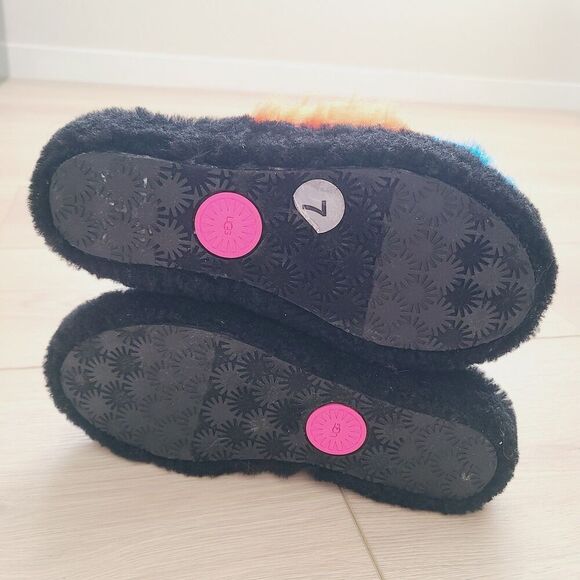New Ugg Fluff Yeah Party Spots Slide Slippers 7 Black Neon Multi Faux Fur - Picture 8 of 9